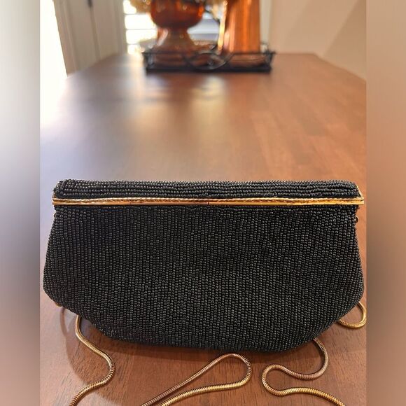 Beaded Black Shell Evening Bag Gold Chain Vintage Formal Clutch Purse 8.5x6 - Picture 9 of 9